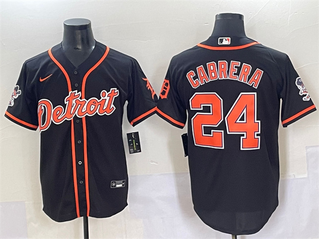 Men's Detroit Tigers #24 Miguel Cabrera Black With Patch Cool Base Stitched Baseball Jersey Men's Detroit Tigers #24 Miguel Cabrera Black With Patch Cool Base Stitched Baseball Jersey